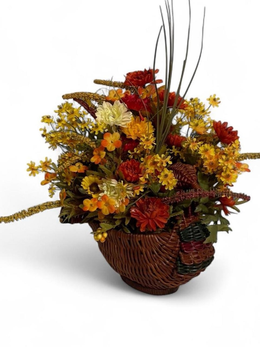 Vintage Turkey Wicker Basket Floral Flower Arrangement Fall Yellow Orange Decor